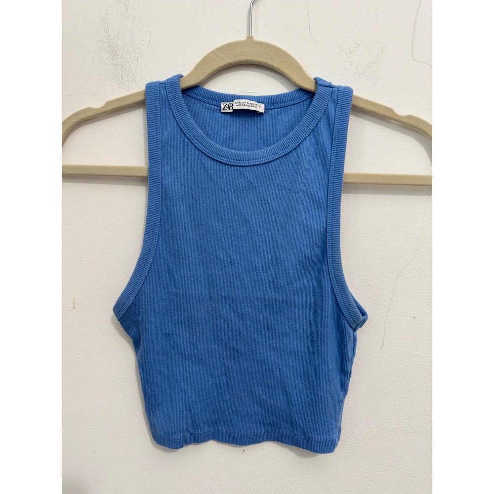 Zara Ribbed Tank Top Blue Knit Racerback Crop Sleeveless Size M